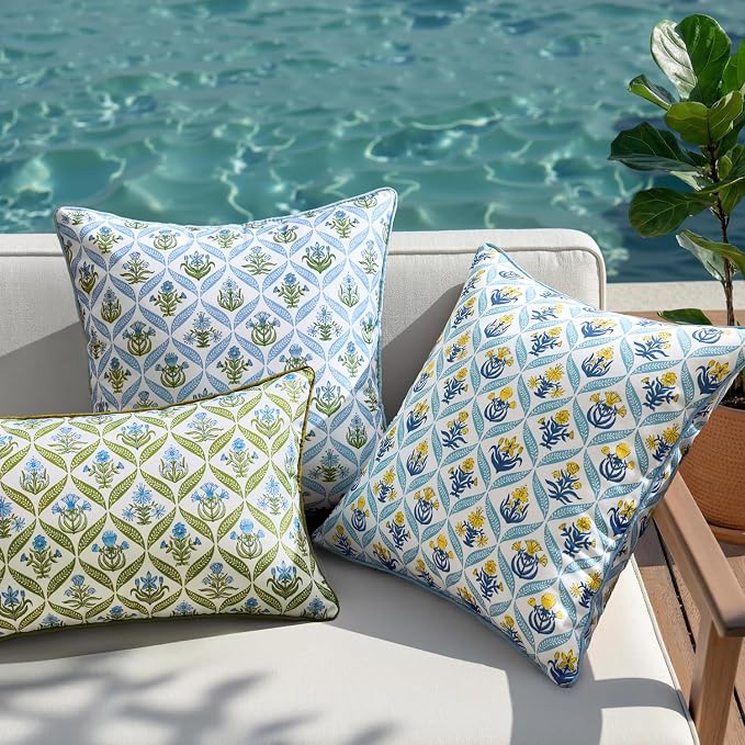 ANRODUO Floral Outdoor Waterproof Pillow Covers Set of 2 Blue 20x20 Inch | Square Block Print Decorative Cushion Cases With Refined Edge Piping for Summer Patio Porch Garden Couch Sofa Bench Decor