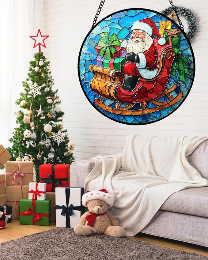 DASTOLL Stained Glass Window Hanging - Red Santa Claus Gift Box Suncatcher for Doors Home Christmas Decoration Winter Sun Catcher Thanksgiving New Year Birthday Gift for Women Men Mom Nana 7.8 in