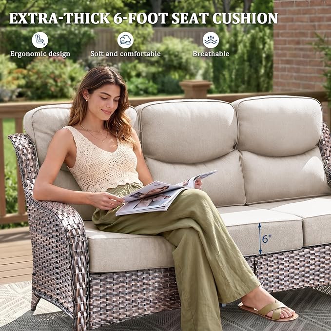 Luxury Swivel Rocker Chairs Fire Pit Set with 6" Thick Cushion 10 piece Wicker Outdoor Patio Chair with Sofa and Ottoman,Comfortable High Back Outdoor Patio Furniture Set - Brown | Beige