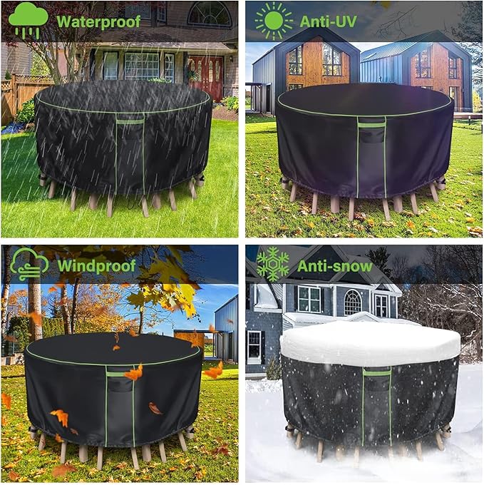 Round Patio Table Cover for Outdoor Table Chairs Set,600D Outdoor Furniture Cover Waterproof,Tear Resistance and Anti-UV,110" Dia x 28" H,Black