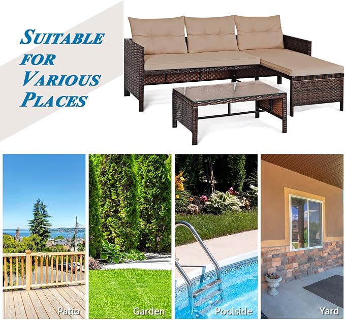 3 Pieces Rattan Sectional Sofa Set, Patio Wicker Rattan Conversation Set with Chaise Lounge, Love Seat & Coffee Table, Patio Furniture Set for Garden, Lawn, Poolside (Brown)