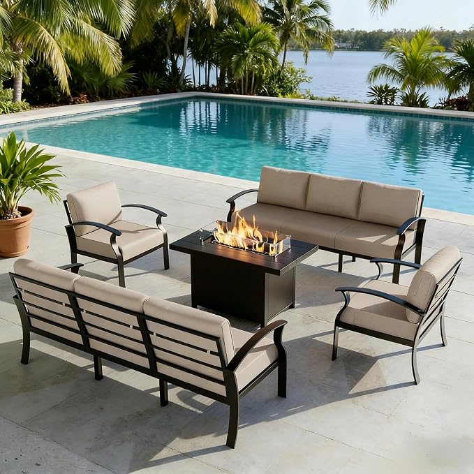 Aluminum Outdoor Patio Furniture Set,5 Pieces 8 Seats Patio Conversation Sets with 45" Propane Fire Pit Table,Metal Patio Sectional Furniture Set w/5.1" Cushions for Porch,Deck,Backyard,Sand