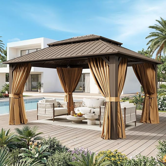 12x14FT Hardtop Gazebo, Metal Frame with Double Galvanized Steel Roof, Permanent Outdoor Pergola with Curtains and Netting Included for Backyard, Patio, Lawn and Garden, Brown