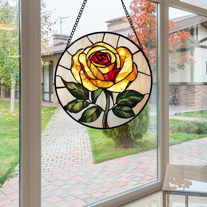 Stained Glass Window Hanging - Elegant Yellow Rose Flower Sun Catcher for Door Garden Home Decor Suncatcher Christmas Mother's Day Birthday Gifts for Women Mom Girl Nana Friend 11.8 in