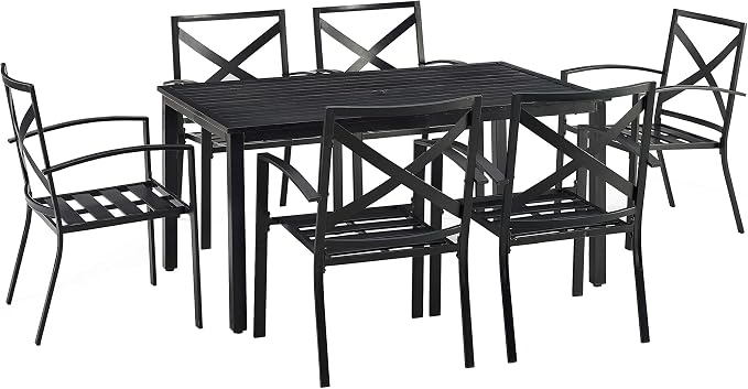 Crosley Furniture Kaplan 7-Piece Outdoor Dining Set for 6, Patio Table and Chairs for Backyard, Deck, Oiled Bronze with Oatmeal Cushions