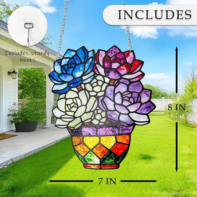 Plant Suncatcher Glass, Stained Glass Suncatcher Plant Window Hanging, Unique Nature Lover Gifts Leaf (Succulent)