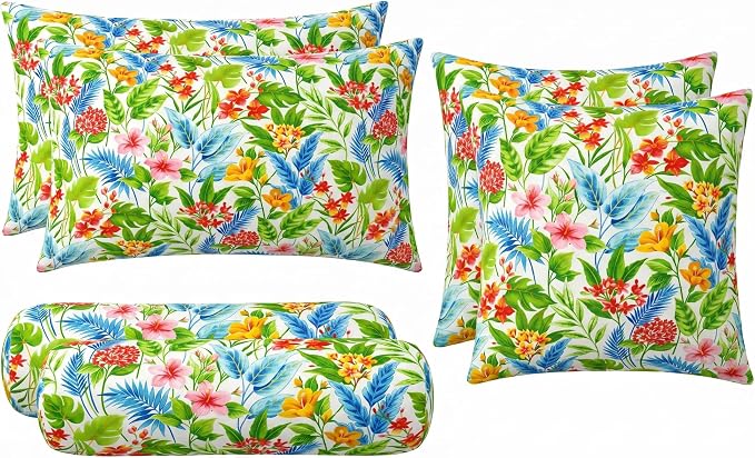 RSH DECOR: 6-Pack Pillow Set | All-Weather Spun Fabric | Water & Fade-Resistant | 17" Square, 20" x 12" Lumbar, 20" x 6" Neck Roll Pillows | Outdoor Pillows for Patio | Made in USA (Carena Multi)