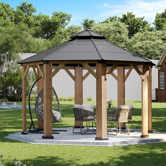 Aoxun 13' x 13' Outdoor Wood Gazebo, Hardtop Gazebo Permanent Wooden Pavilion with Galvanized Steel Double Roof, for Packyard, Garden, Deck, Cedar Wood