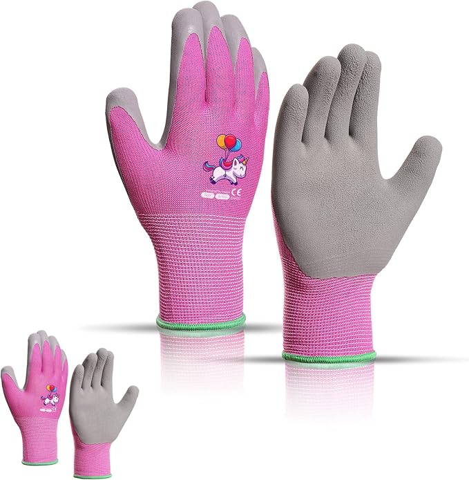 Kids Gardening Gloves, Latex Coated Toddler Yard Gloves, 2 Pairs (8-10 YRS) | Perfect fit for tiny hands, cute washable latex palm protects wrists from dirt, durable for garden play & outdoor tasks.