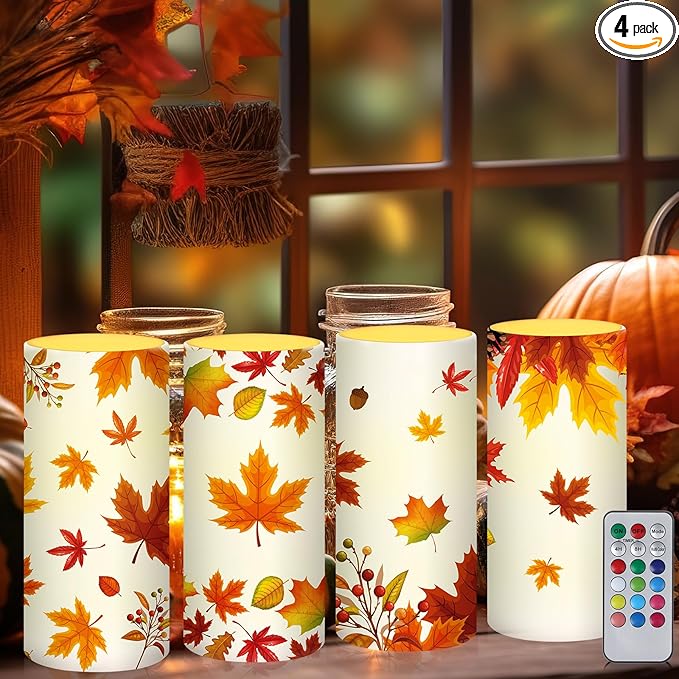 Tiamon Maple Leaf Flameless Candles Led Leaves Candles Battery Operated Yellow Flickering Candles with 18-Key Remote Timer Pillar for Garden Flower Plants Party Table Decorations