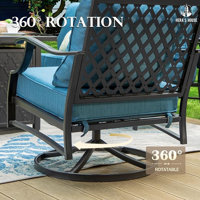 HERA'S HOUSE 6 Piece Patio Furniture Set, 2 x Swivel Cushioned Chair, 2 x Cushioned Ottoman, 1 x 3-Seat Sofa with Marbling Coffee Table, Outdoor Conversation Set for Lawn Garden Backyard, Pacific Blue