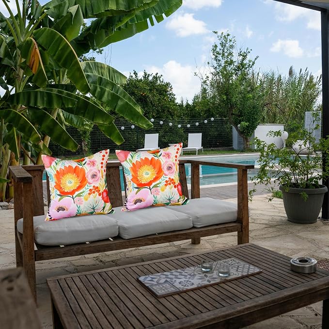 Spring Floral Pillow Covers 16x16 Inch Set of 2 Waterproof Pink and Orange Flowers Decorative Pillowcases Outdoor Farmhouse Patio Cushion Cases for Sofa Couch Home