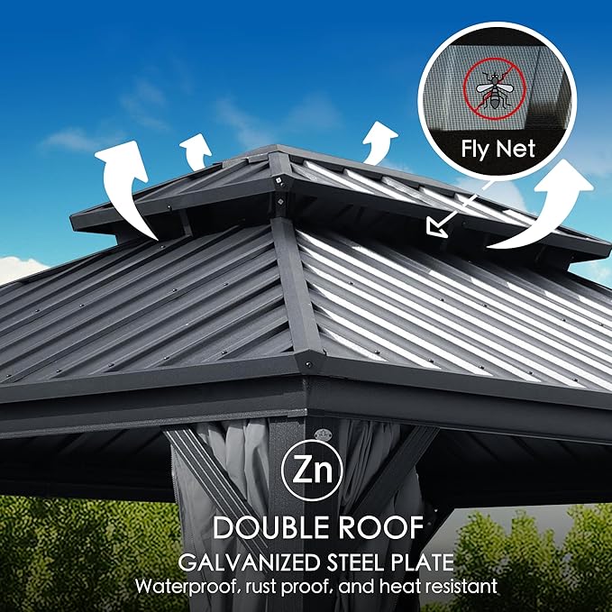 Kozyard Caesar 12'x16' Hardtop Gazebo - Permanent Metal Pavilion with Netting and Shaded Curtains for Patio, Backyard, and Deck - Galvanized Steel Outdoor Aluminum Canopy, Double Roof Gazebo (Grey)