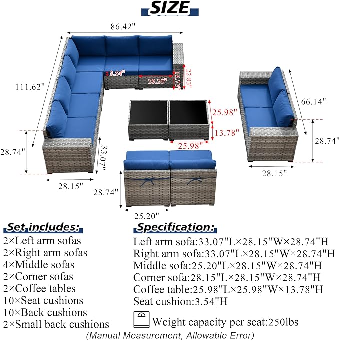 HOOOWOOO Outdoor Patio Sectional Furniture Sofa Set with Widened Armrest,12 Piece Large Modern Wicker Couch,Modular L Shaped Conversation Seating Set with Table for Out Door Garden Corner(Navy Blue)