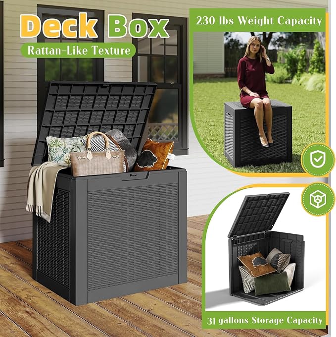 31 Gallon Waterproof Resin Deck Box, UV Resistant Outdoor Storage for Garden, Patio, Porch, Delivery（Black，31 Gallon）