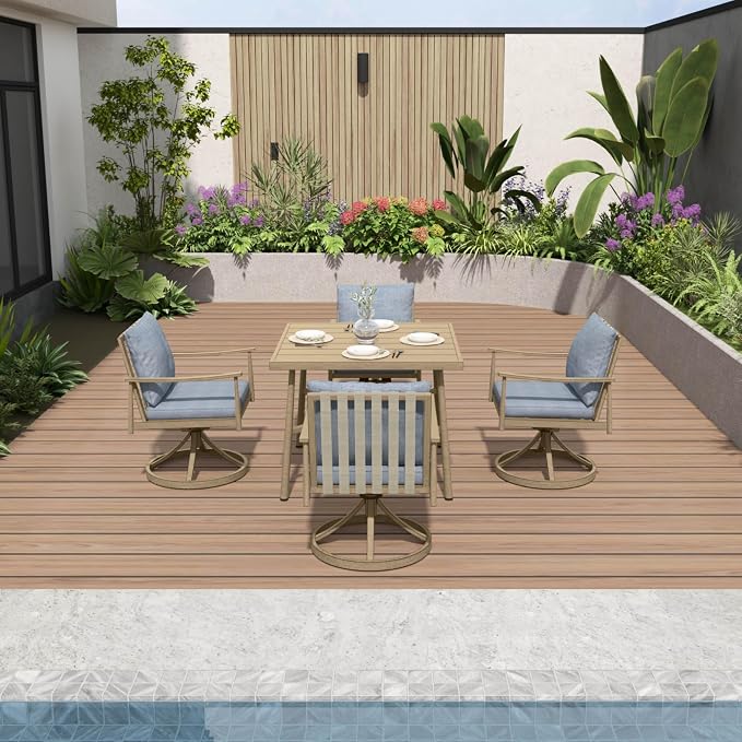 5-Piece Outdoor Dining Set for 4, Aluminum Patio Dining Set with Cushions, 4 Swivel Chairs with Rope Backrest, Square Table with Umbrella Hole, Patio Dining Set for Lawn Porch Backyard, Brown