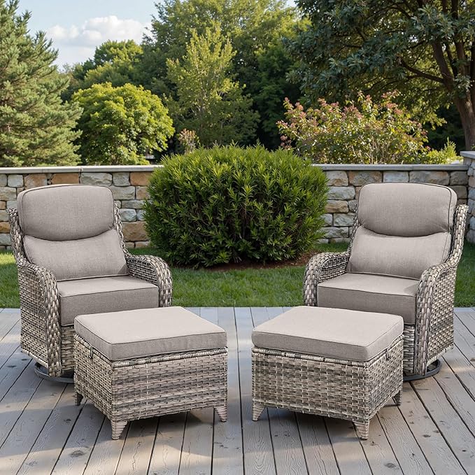 Swivel Patio Chairs Sofa Set of 4 with 6" Thick Cushion - Wicker Outdoor Swivel Rocker Patio Chair with Side Table, High Back Comfortable Outdoor Glider Chairs Grey Wicker Grey Cushions