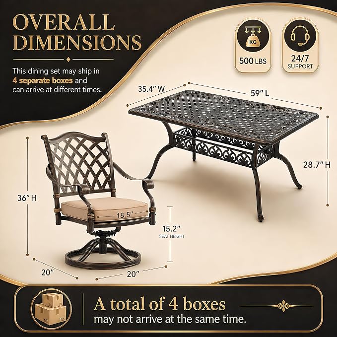 7 Piece Outdoor Dining Set Cast Aluminum Retro Patio Dining Set for 6 Includes 59” Rectangular Table 2 Swivel Chairs with Thicker Cushions and Umbrella Hole for Patio Deck Garden