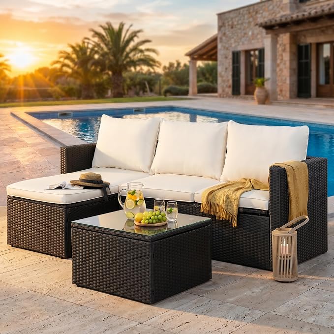 SUNLEI 3 Piece Patio Furniture Set, Outdoor PE Rattan Sectional Sofa Set with Ottoman, Detachable Cushions and Glass Coffee Table, Patio Conversation Set for Backyard Balcony Porch, Black/White