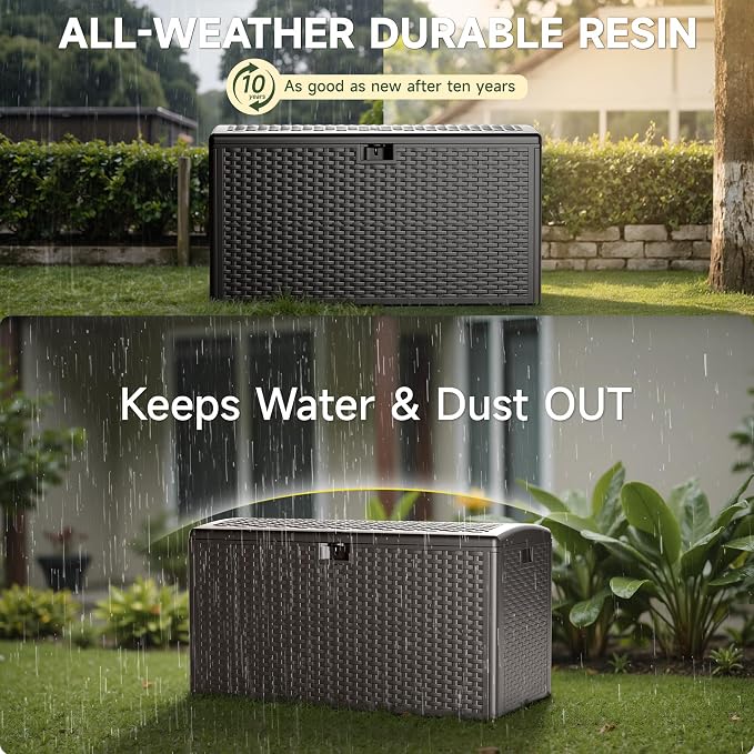 90-Gallon Double Layer Resin Deck Box – Lockable, Waterproof & UV-Resistant Storage for Patio Furniture, Garden Tools & Pool Accessories (Brown)