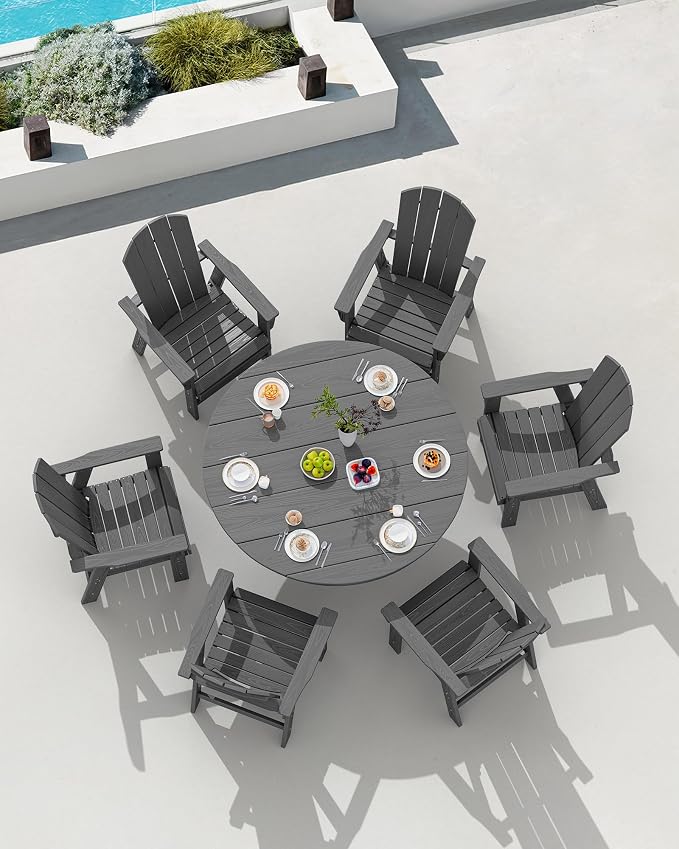 SERWALL 5-Piece Patio Dining Sets, HDPE Outdoor Table and Chairs Furniture Set, 45" Round Dining Table and 4 Adirondack Dining Chair, Grey