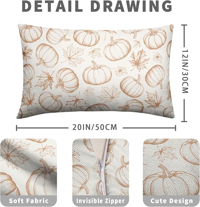 Fall Pumpkin Lumbar Pillow Covers 12x20 Set of 2 Burnt Orange Cream Maple Leaves Throw Pillow Covers Autumn Pillowcase Rectangular Cushion Case for Home Decor Outdoor Sofa