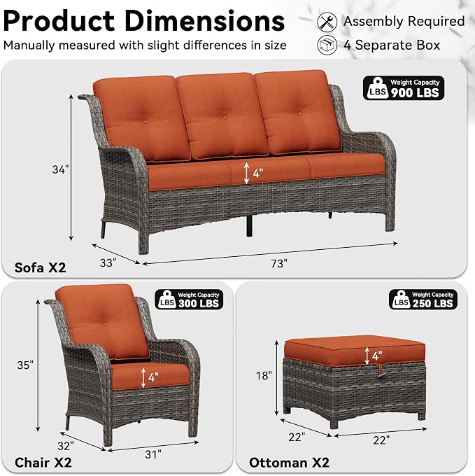 6 Piece Outdoor Wicker Patio Furniture Set, Patio Chairs Set with Thickened Olefin Cushions, High Back and Deep Seating, Hand-Woven PE Rattan, Ottoman for Porch, Deck