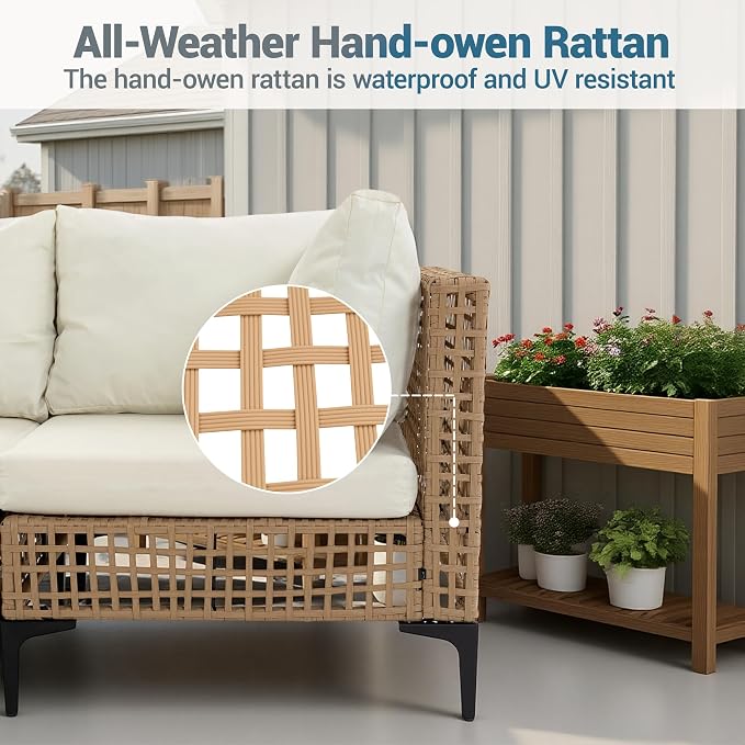 7 PCs Outdoor Patio Furniture All Weather Wicker Rattan Sectional Conversation Sofa Set w/Water Resistant Cushions, Coffee Table for Paito, Lawn, Garden, Beige