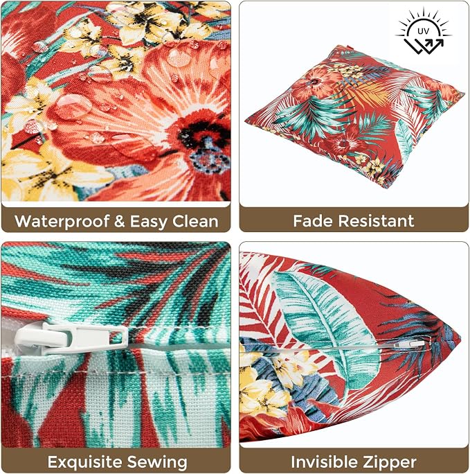 Throw Pillow Covers Set of 2, Outdoor Indoor Waterproof Decorative Patio Throw Pillowcase Shell 18x18 Inch, Square Cushion Case for Couch Sofa Garden Farmhouse Decoration-Chili Red Floral