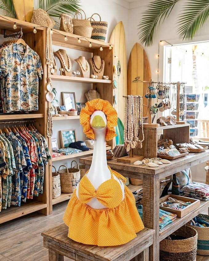 Summer Porch Goose Outfits Bikini with Sun Hat, 23" Yellow Polka Dot Hawaiian Swimsuit Lawn Cement Goose Clothes, Cute Porch Goose Swimsuit for Garden Decor, Best Gift for Mom Grandma
