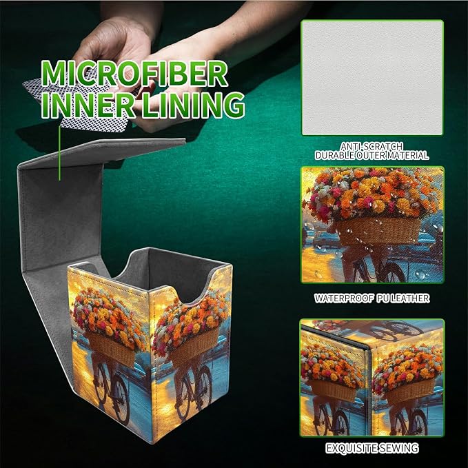 Flower Bike Card Deck Box for MTG, Personalized Card Storage Case Fits 120+ Sleeved Cards, Premium Leather TCG Box with Strong Magnetic Closure for Magic, CCG, PTCG, Baseball Cards