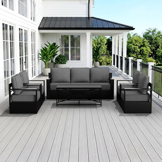 Outdoor Patio Furniture Set, 6-Piece Aluminum Patio Conversation Set All-Weather Metal Outdoor Sectional with 6 Inch Thick Cushions, Deep Setting for Garden, Outside and Porch, Grey