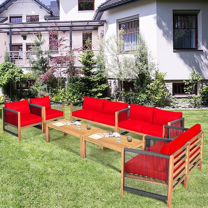 Tangkula Outdoor Wood Furniture Set with 2 Set Cushion Covers, 8 Pieces Cushioned Patio Conversation Set, for Garden Balcony Poolside Outdoor Living (2, WH-RE)