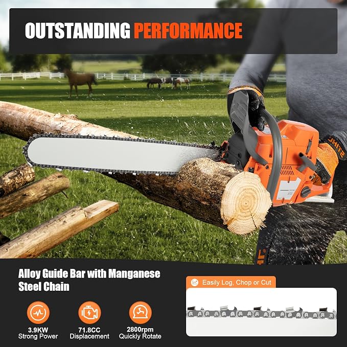 2-Stroke 72CC Gas Chainsaw with 24 inch Guide Bar, 3900W 2700RPM Gasoline Power Chain Saws, 2-Cycle Air-Cooled Single Cylinder 24 Inch Chainsaw with 26OZ Tank Capacity Hand Pull Start