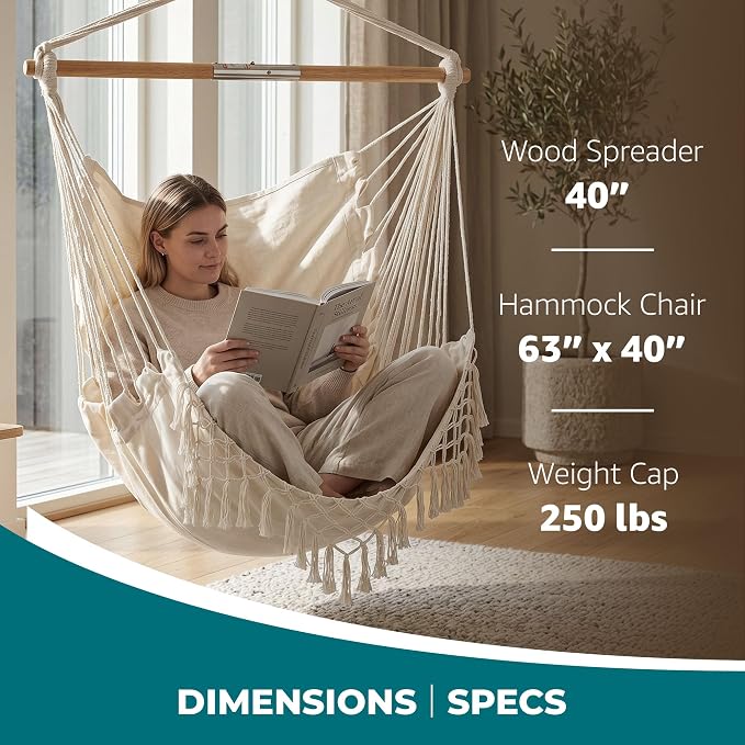 Bliss Hammocks BHC-412FR 40" Island Rope Fringe Hammock Chair w/Hanging Hardware & Spreader Bar, Outdoor, Patio, Lawn, Eco-Friendly, Hand-Woven, 250 Lbs Capacity, Natural