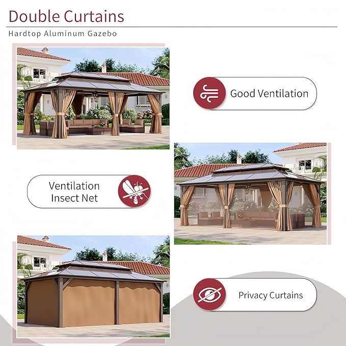 12’x20’ Hardtop Gazebo with Double Polycarbonate Roof Outdoor Metal Gazebo Sturdy Aluminum Frame & Removable Curtains, Netting Permanent Pavilion Pergola for Garden,Patio,Lawn (Brown)