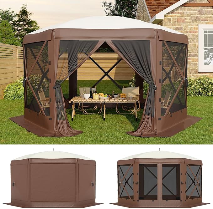 GarveeLife 13x13FT 6-Sided Pop Up Canopy Tent，One-Push Setup Canopy Tent with Removable Canopy Top & Wind Cloths, Outdoor shelter for Camping, Backyard Parties, Outdoor Events - Beige & Khaki