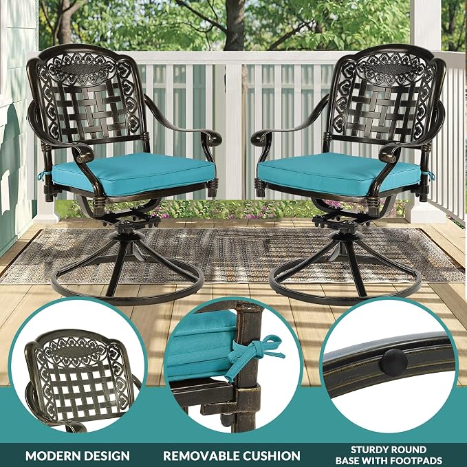 MEETWARM 9-Piece Outdoor Patio Dining Set for 8, All Weather Cast Aluminum Patio Funiture Table and Chairs Set- Large 64" Square Table and 2 Swivel Rocker Chairs, 6 Stationary for Garden, Ocean Blue