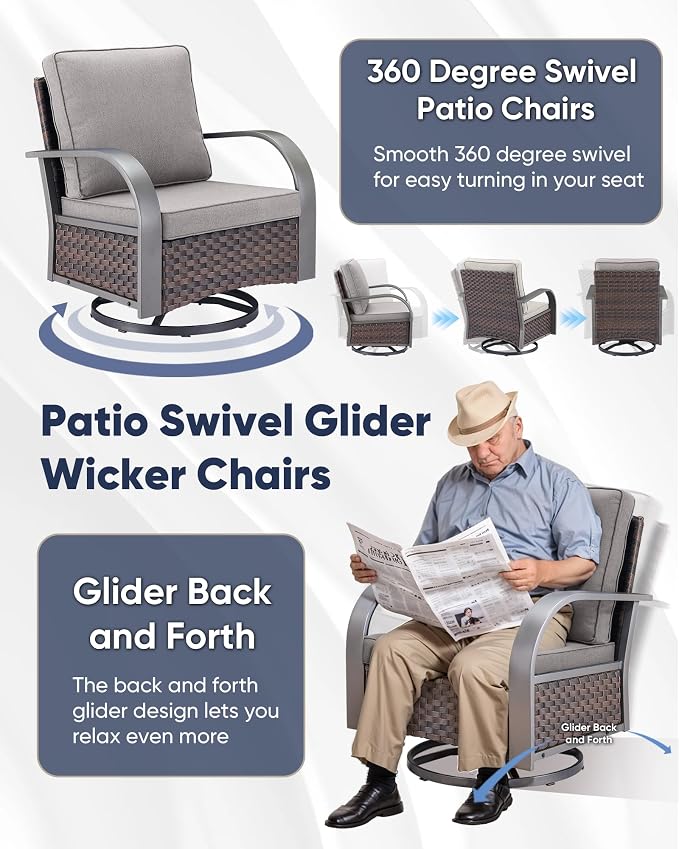 HUMMUH Patio Swivel Glider Outdoor Chair-All Weather Rattan Wicker Patio Swivel Rocking Chairs Porch Chair for Deck Porch Lawn Garden Backyard-Brown/Grey