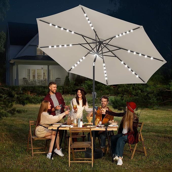 FLAME&SHADE 11 FT Solar Light Patio Umbrella, 40 LED lights outdoor umbrella with Centre Surround Light, Table Market Umbrella for Deck, Pool, Porch, Backyard, Garden, UV Protection, Taupe