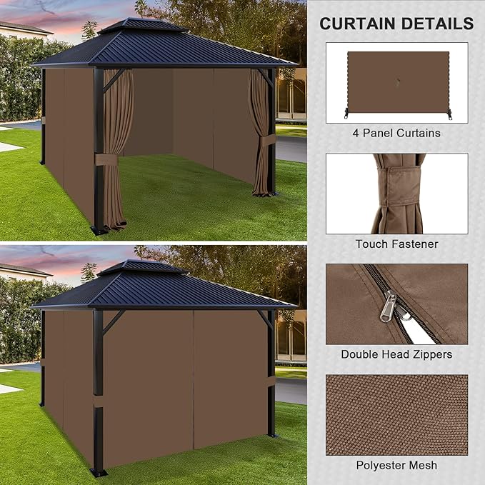 Aoodor 10x12 ft Outdoor Gazebo Curtains, 4 Panels Waterproof Privacy Sidewall Replacement with Zipper for Patio Pergola and Canopy, Brown