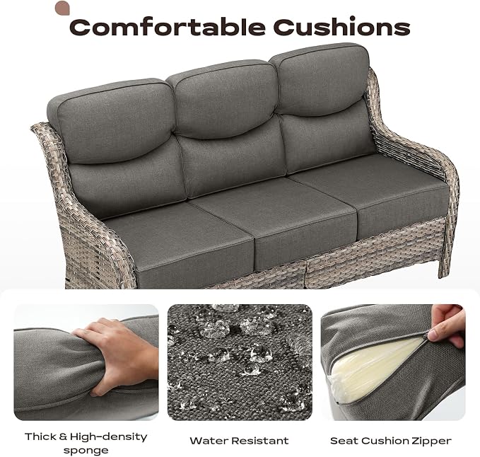 Rilyson Wicker Outdoor Patio Furniture Set - 6 Piece Patio Conversation Sets with Swivel Rocker Chairs, Ottomans, Sofa and Coffee Table, 6 inch Cushions, Deep Seating, for Porch Deck Mixed Grey/Grey