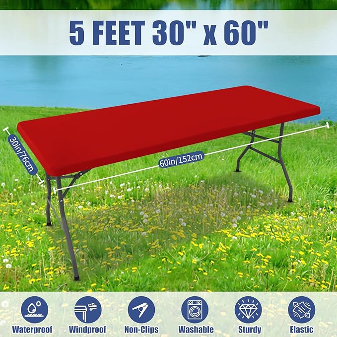 Moosfor Spandex 5 Foot Rectangle Christmas Table Cloth 2 Pack, Elastic Fitted Tablecloths for Picnic, Stretch Washable Patio Table Cover for Outdoor, Camping, Banquet and Parties (Red, 30"x60")