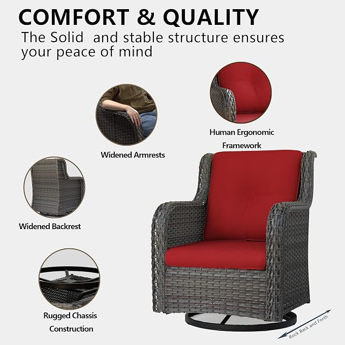 5 Piece Outdoor Patio Furniture Set Wicker Conversation Bistro Set Swivel Rocking Chairs with Side Table and Ottomans for Backyard, Porch, Deck(Mixed Grey/Red)
