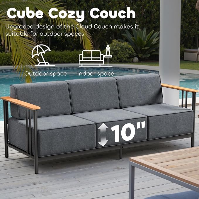Luxury Patio Furniture Set with 10" Extra Thick Cushions, 4 PCS Outdoor Furniture Set with Patio Chairs & Couch & Coffee Table, Suitable for Porch, Balcony, Deck, Yard, Poolside, Black/Grey