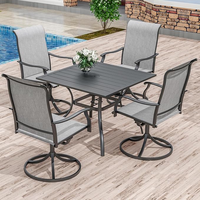 Anmutig 5 Piece Outdoor Patio Dining Set, 4 Swivel Rocking Patio Chairs & Square Dining Table Outdoor Furniture for Backyard Bistro Garden Poolside, Grey