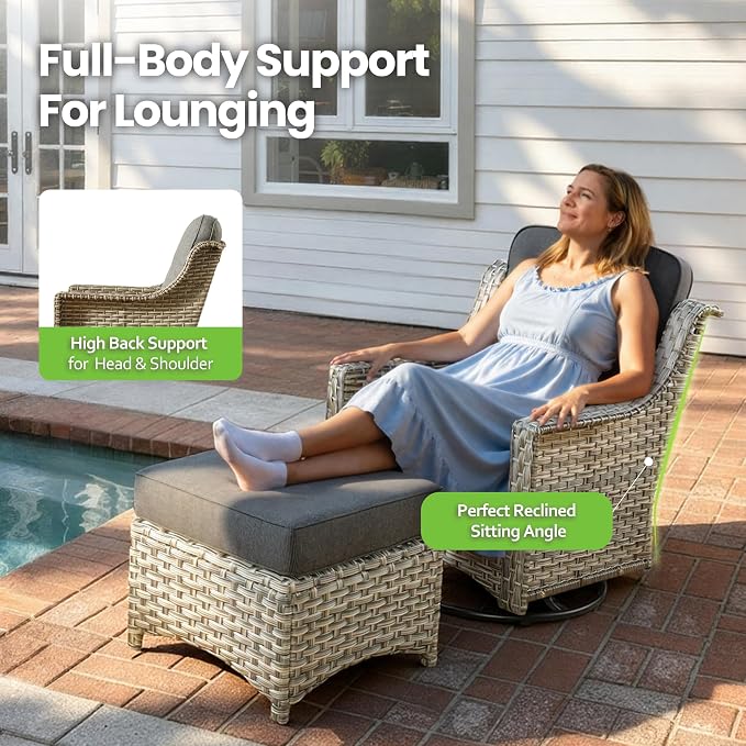 6 Piece Patio Furniture Set with Swivel Rocker Chairs, Outdoor Wicker High Back Sofa Glider Chair Ottoman with Cushion, All Weather Conversation Sets for Backyard Poolside Deck Dark Gray
