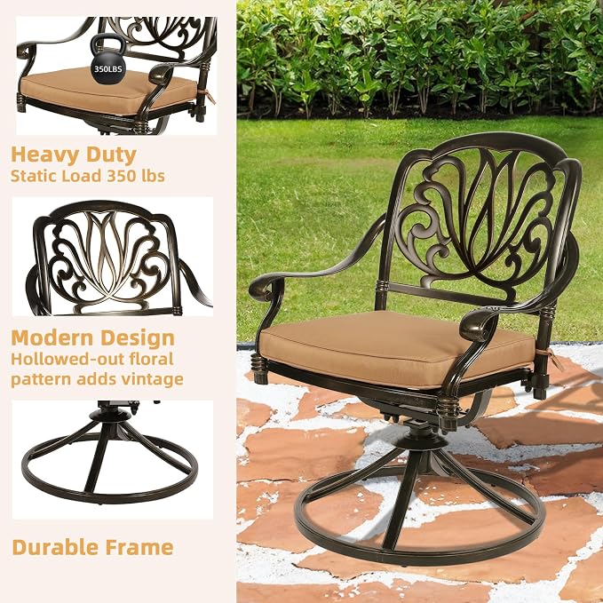 9-Piece Patio Furniture Dining Set, Cast Aluminum Outdoor Conversation Set- 61" Round Patio Dining Table with Detachable Lazy Susan & 8 Cushioned Swivel Rocker Chairs, Umbrella Hole, Khaki