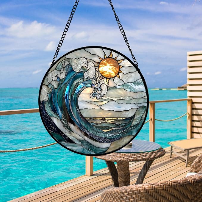 DASTOLL Stained Glass Window Hanging, Blue and White Waves Suncatcher Diamond Glass Panel Landscape Sun Catchers Decor for Birthday for Women, Men, Wife, Aunt, and Mom 9.8 in