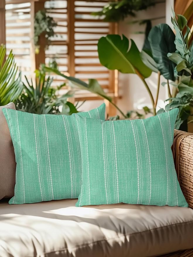 Vandarllin Waterproof Outdoor Pillow Set of 2 Mint Green Linen Stripes Decorative Throw Pillows Cover & Insert 16x16 Inch Pillowcase Parallel Vertical Lines Pillows for Couch Sofa Bed Patio Furniture